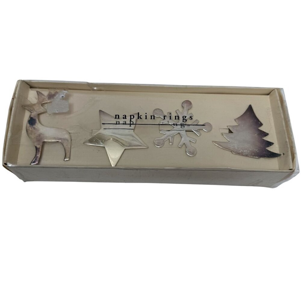 PIER 1 IMPORTS Christmas Napkin Rings Set of 4 Silverplate Holiday Motifs